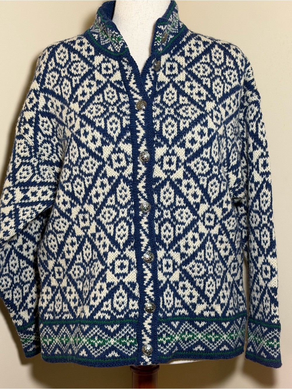 LL Bean Wool Nordic Fair Isle Cardigan Sweater USA Blue Women’s Large Vintage